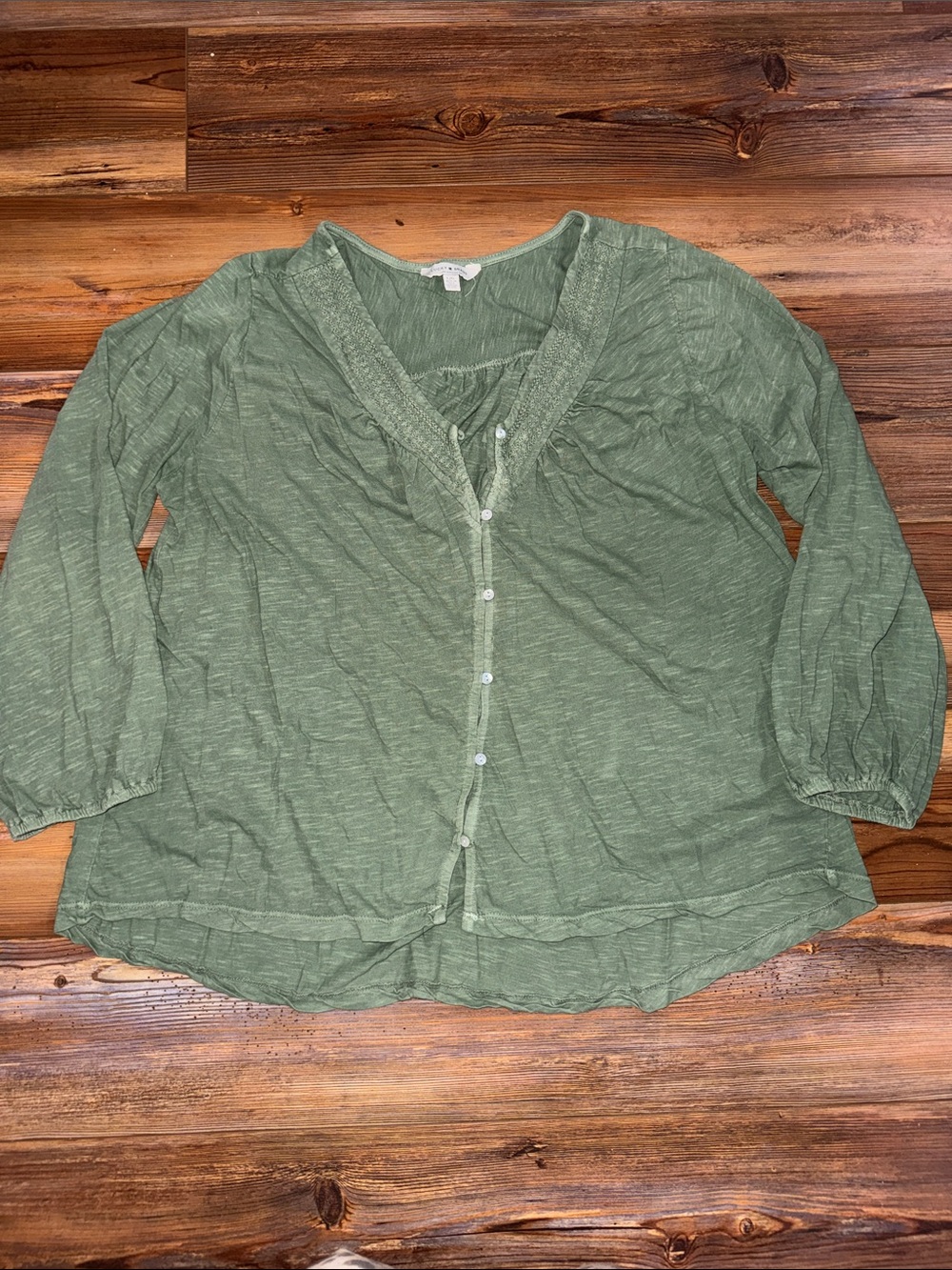 Lucky Brand Green Boho Peasant Blouse Button Front Size L